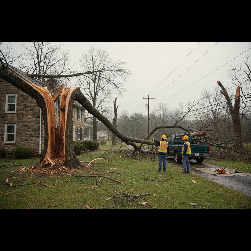 Storm damaged tree leaning on house in Hampstead MD requiring emergency removal