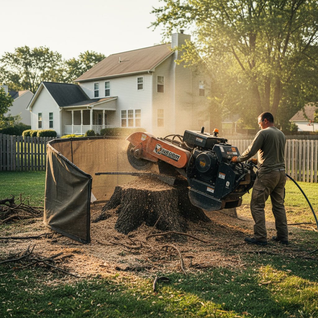 stump grinding equipment removing tree stump in Eldersburg Maryland yard