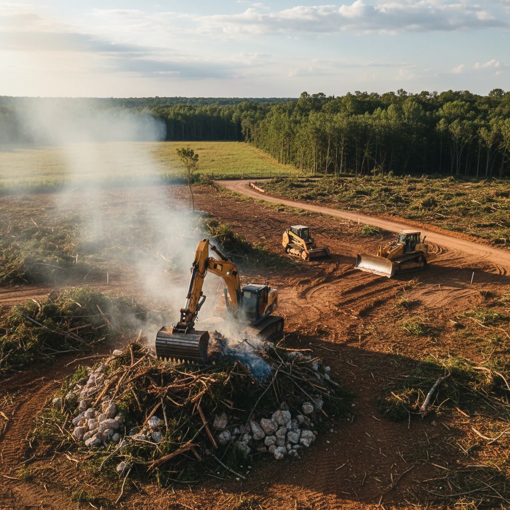 Professional land clearing equipment removing trees and brush from overgrown property in Westminster Maryland