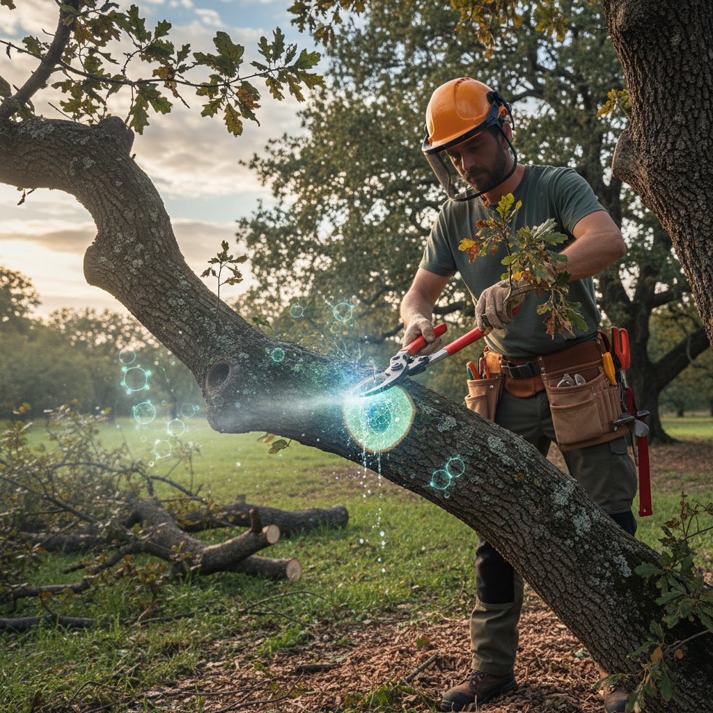 Professional arborist performing tree trimming to improve tree health and prevent disease
