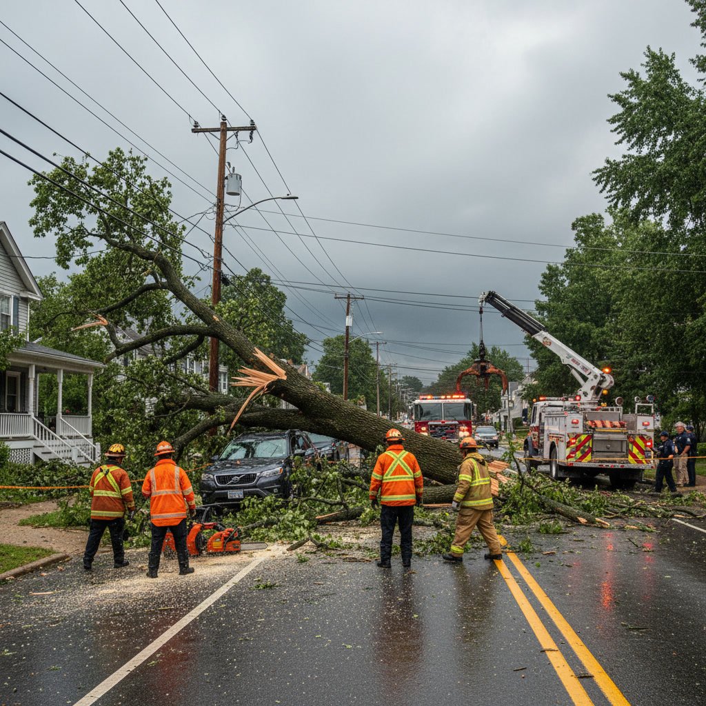 Professional arborist assessing emergency tree damage in Westminster Maryland