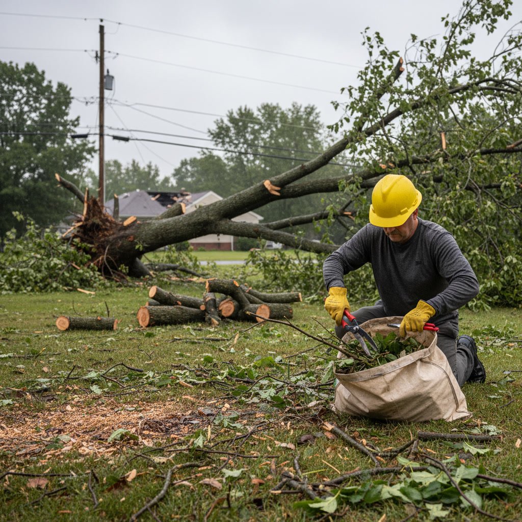 Professional arborist safely removing storm damaged tree branches in Hampstead Maryland