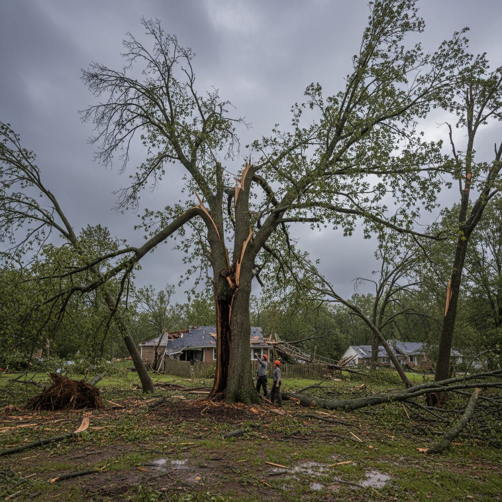 Tree assessment after storm damage showing trunk split and structural damage