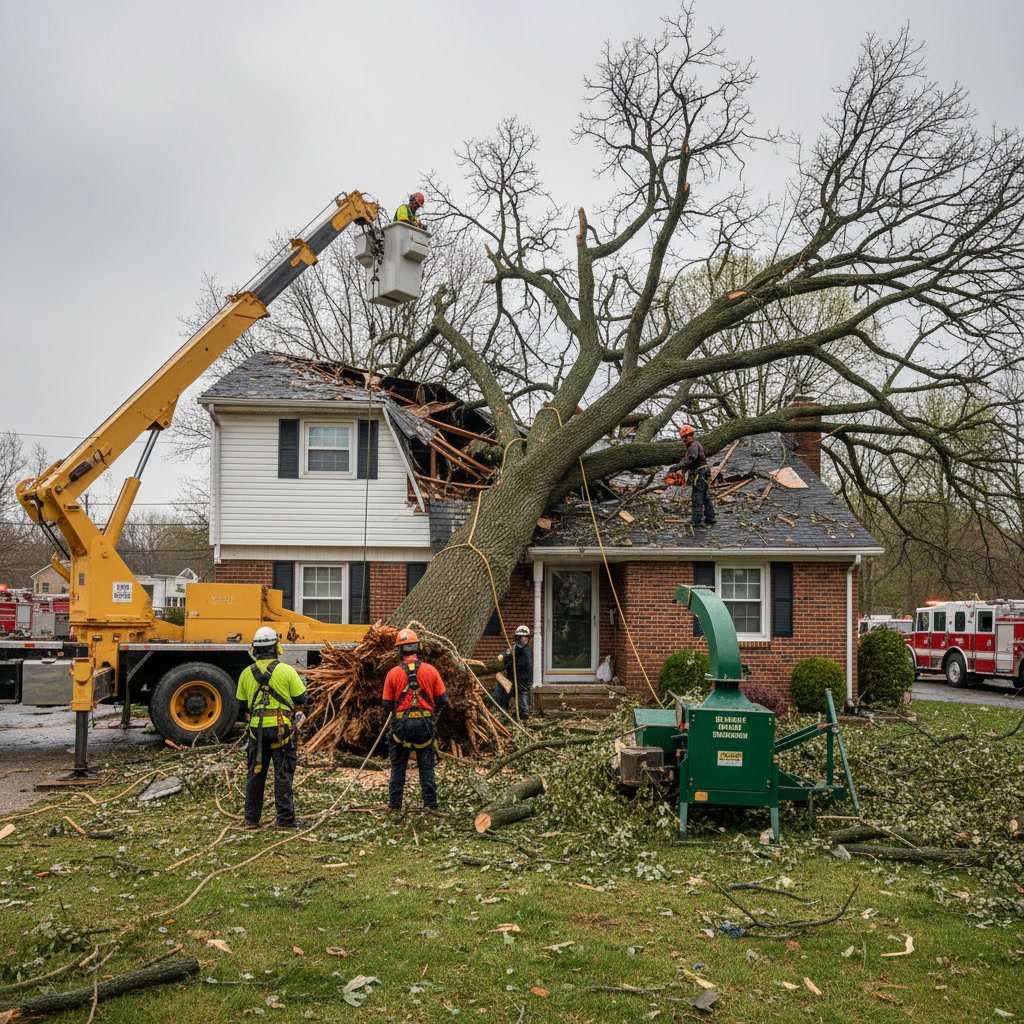 Emergency tree removal service responding to fallen tree in Carroll County Maryland