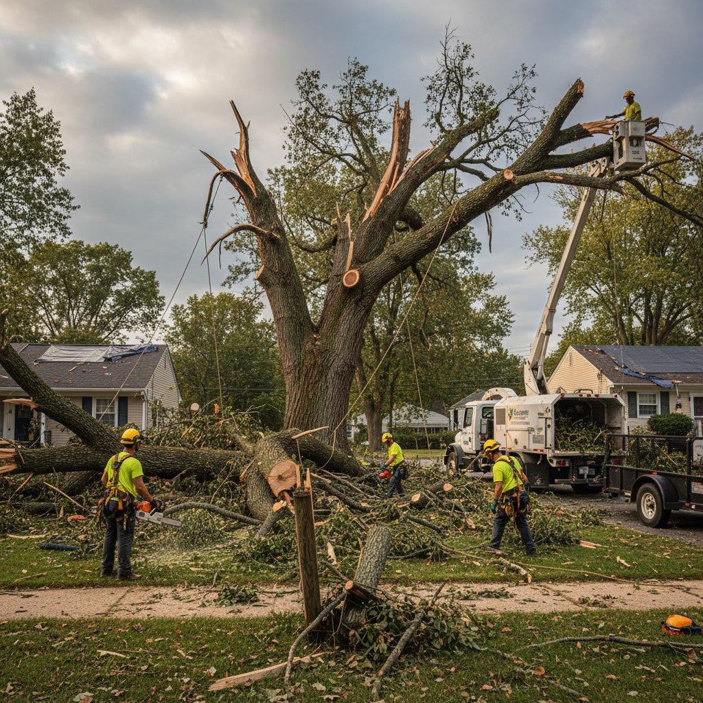 Storm damaged trees fallen across residential property in Hampstead MD after severe weather