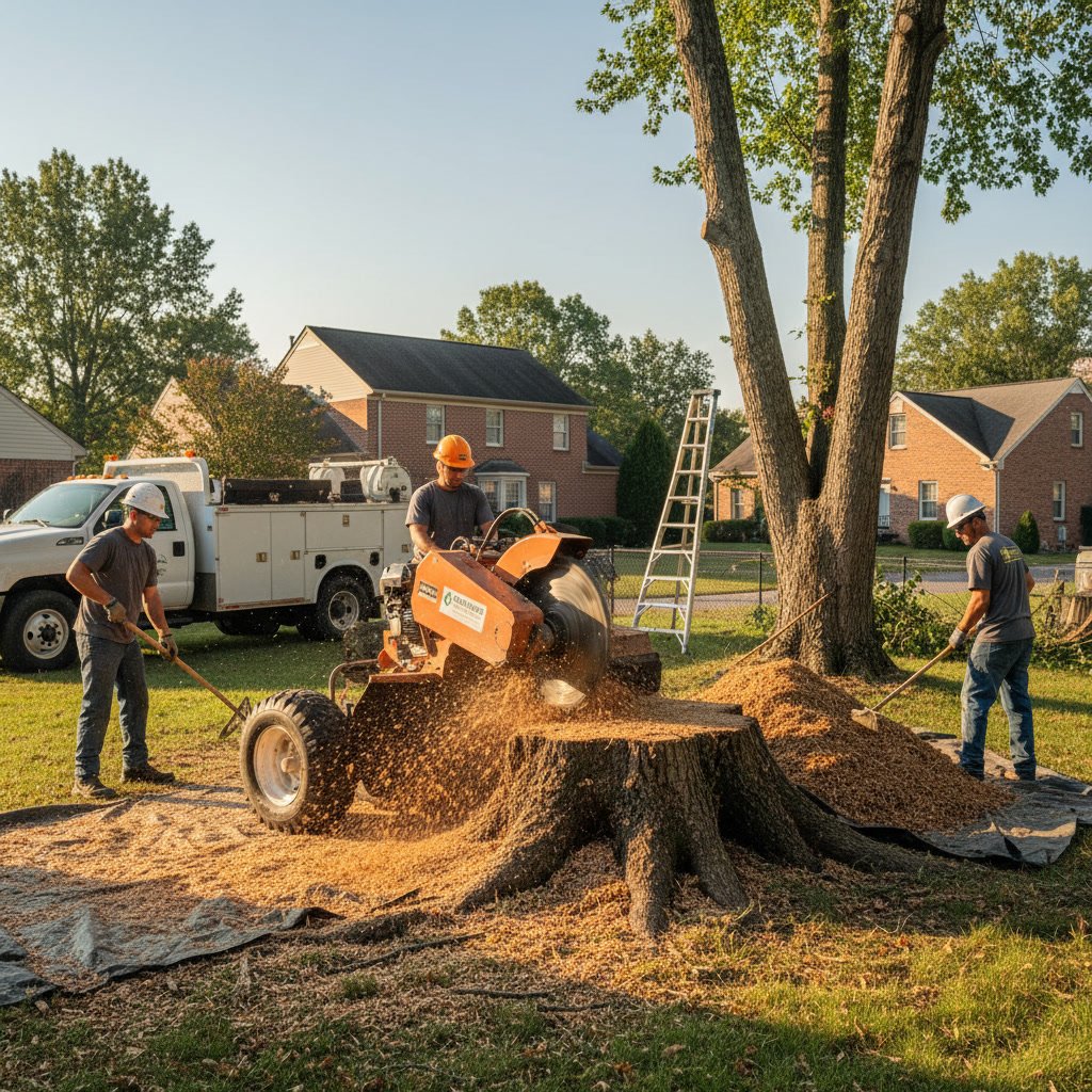 professional stump grinder machine removing tree stump in Eldersburg Maryland residential yard