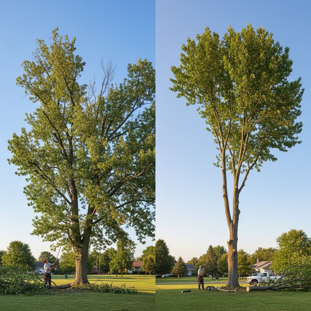 Professional arborist evaluating tree canopy for crown thinning or crown raising