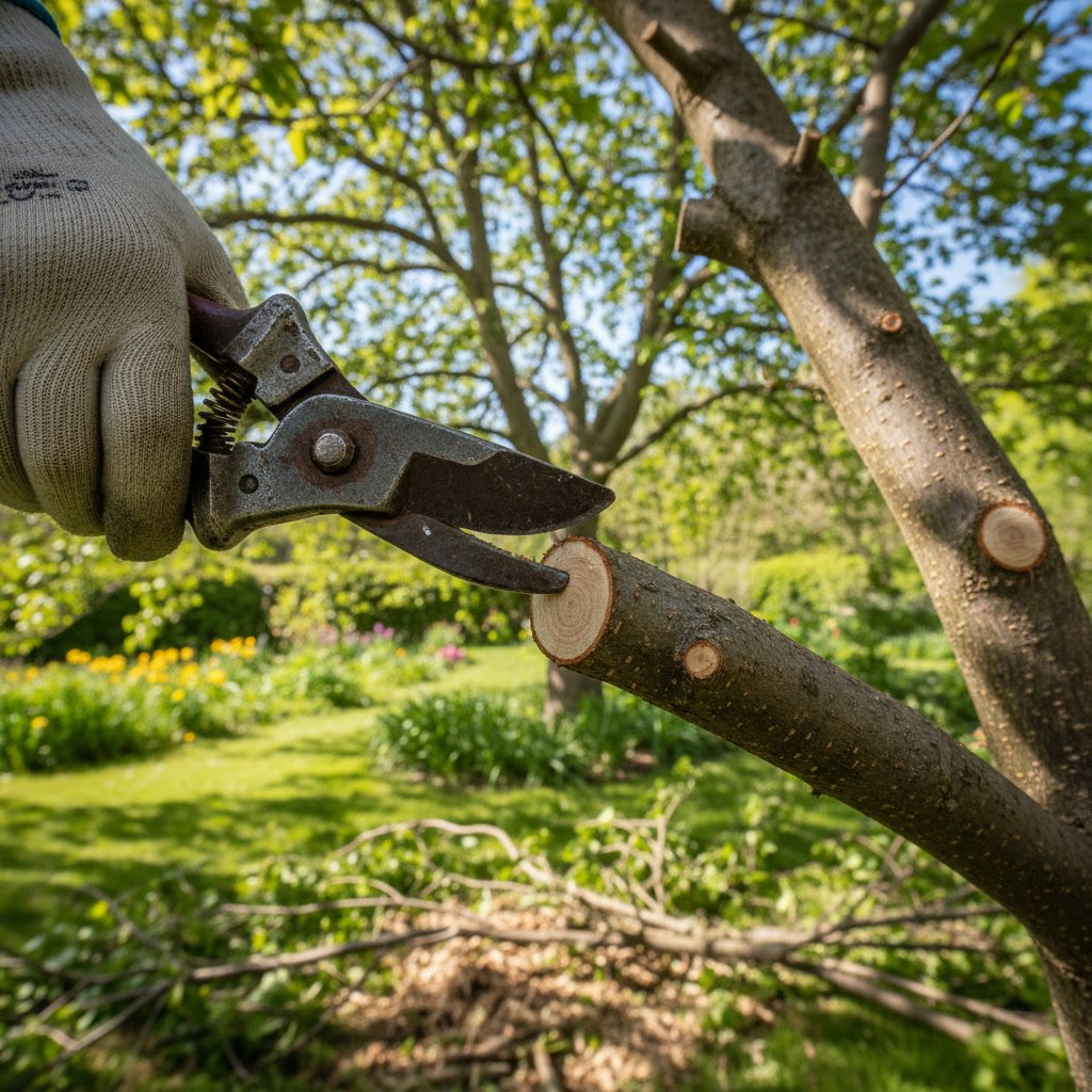 Proper tree pruning cut showing preserved branch collar and clean wound