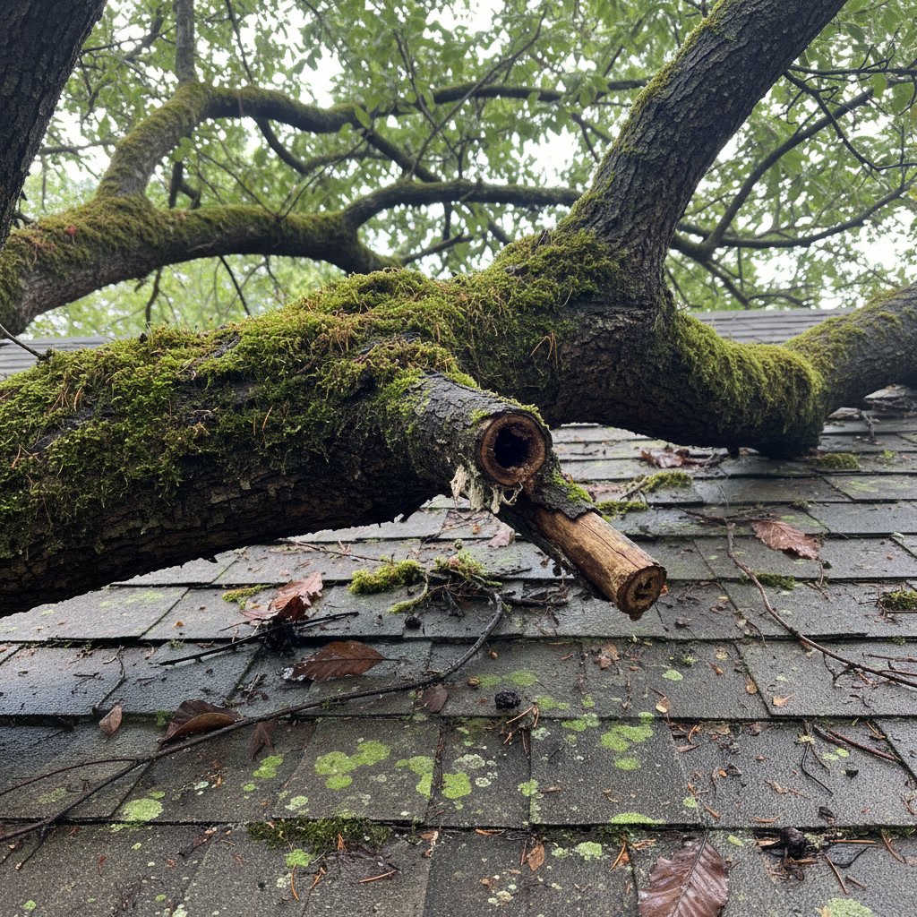Overhanging tree branches creating shade and debris buildup on residential roof