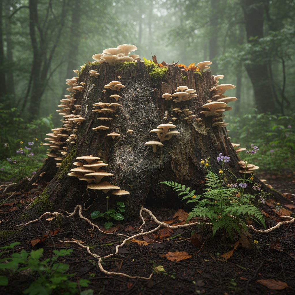 Fungal growth on decaying tree stump with mushrooms indicating rot