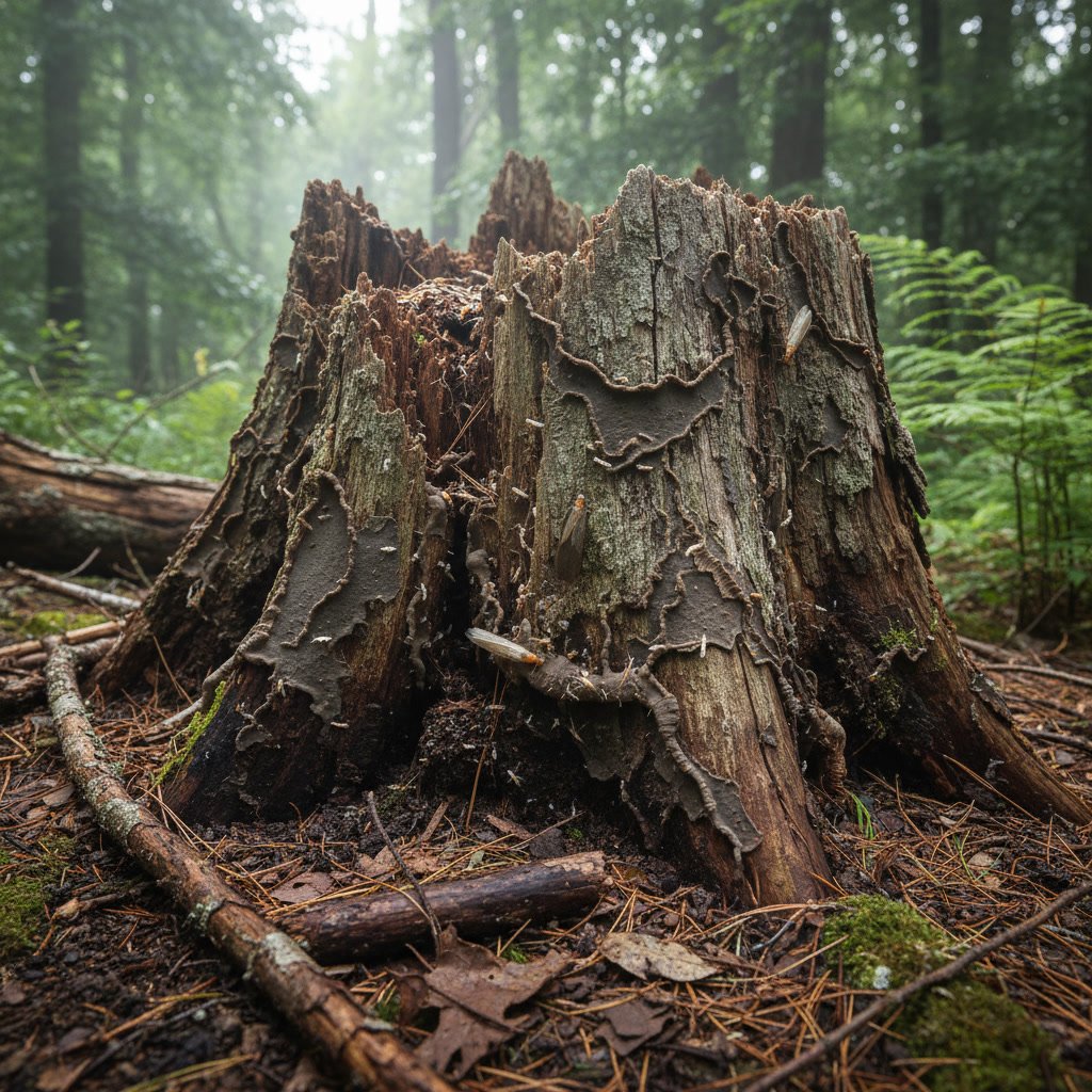 Decaying tree stump with visible termite damage and wood rot