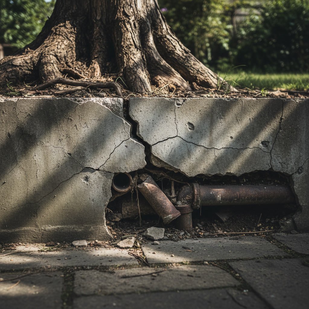 Foundation crack caused by tree stump roots growing beneath concrete