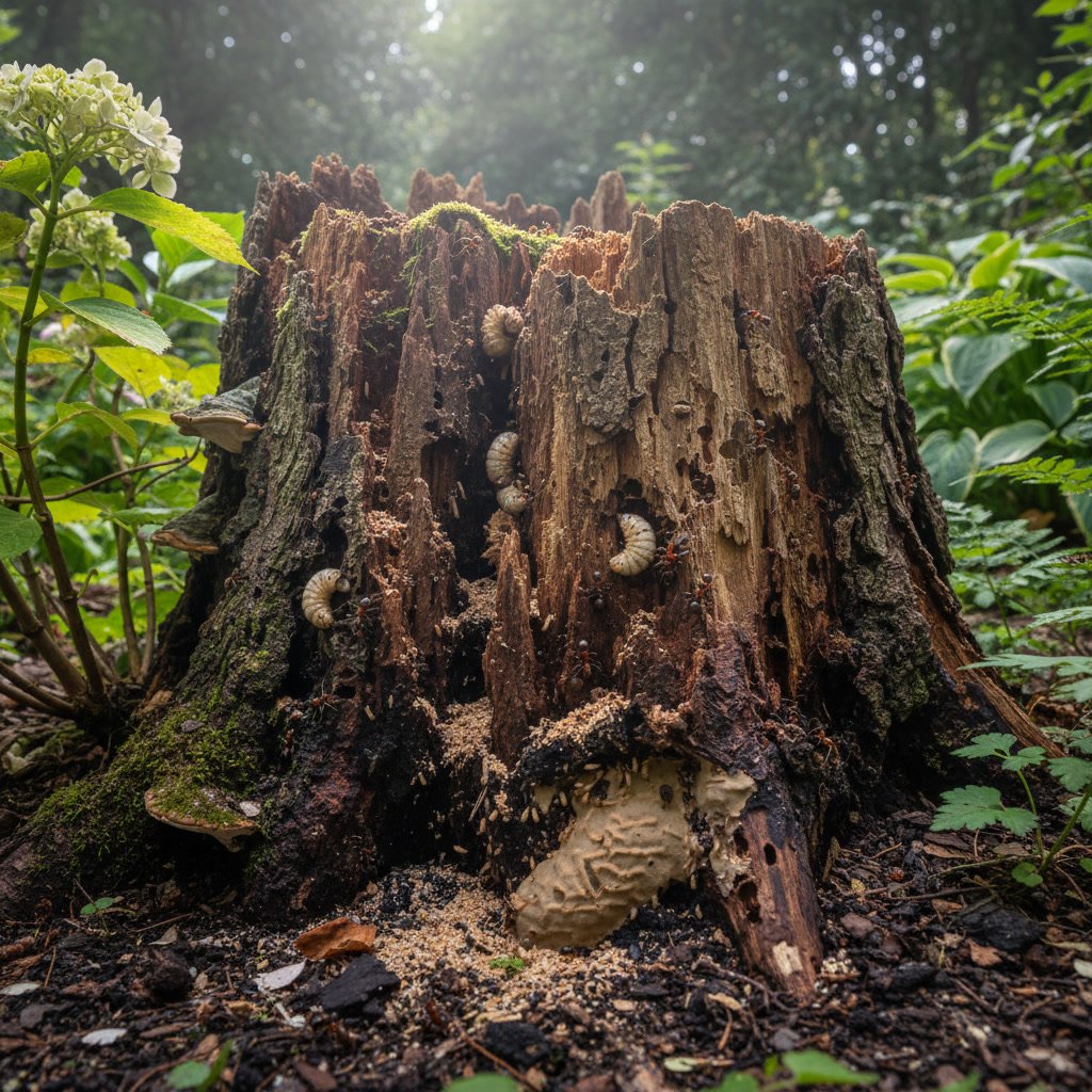 Close up of soft rotting wood and insect damage on tree stump