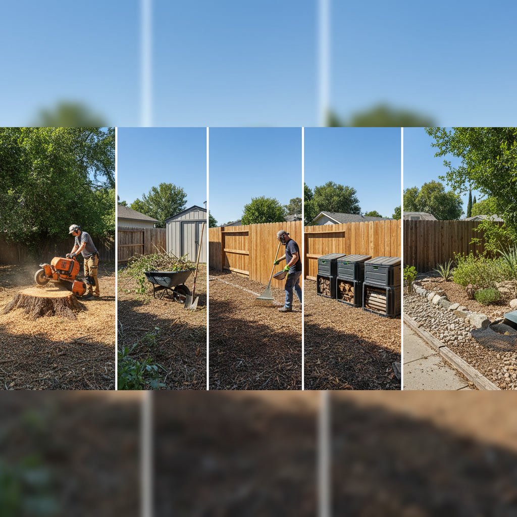 Professional stump grinding equipment removing tree stump from residential yard
