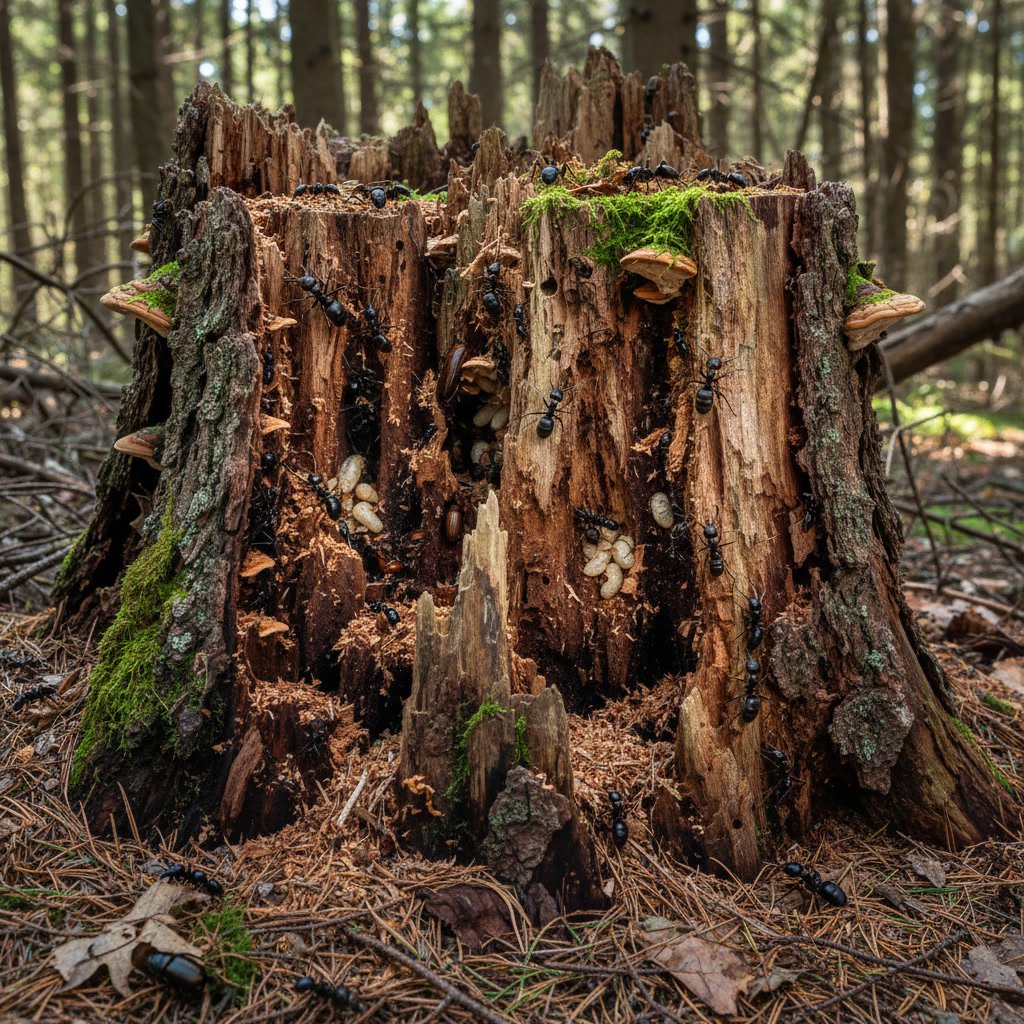 Wood-boring beetle damage and tunnels inside tree stump cross-section