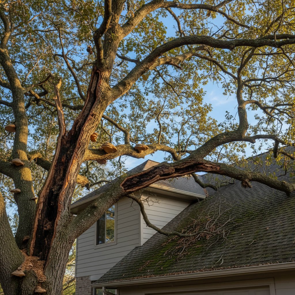 Professional arborist trimming branches away from residential roofline