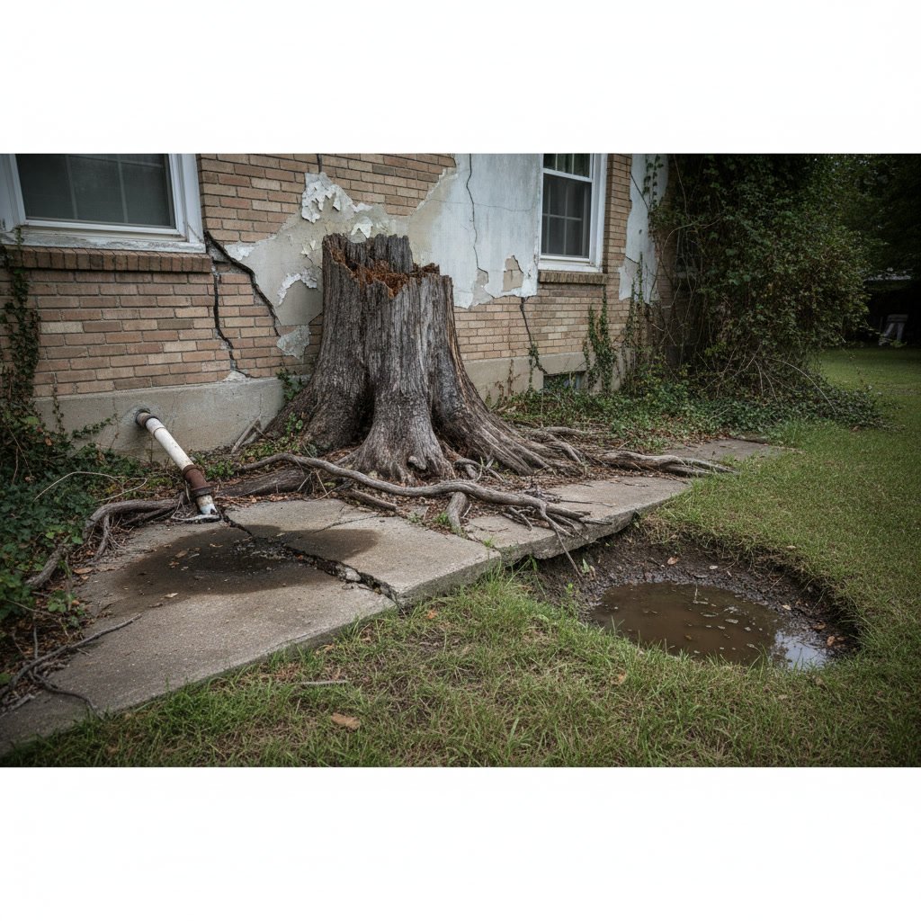Professional stump grinding equipment removing roots near foundation