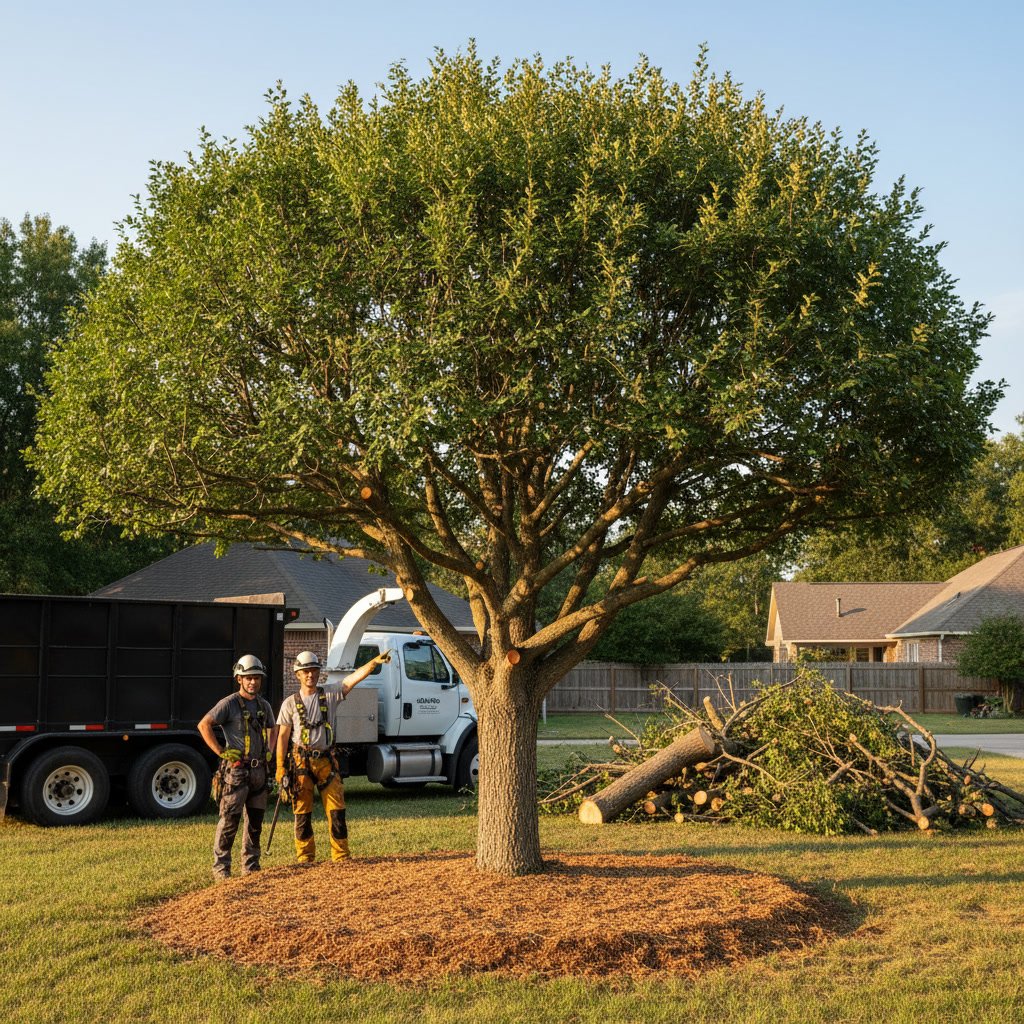 Professional arborist inspecting tree after proper trimming work