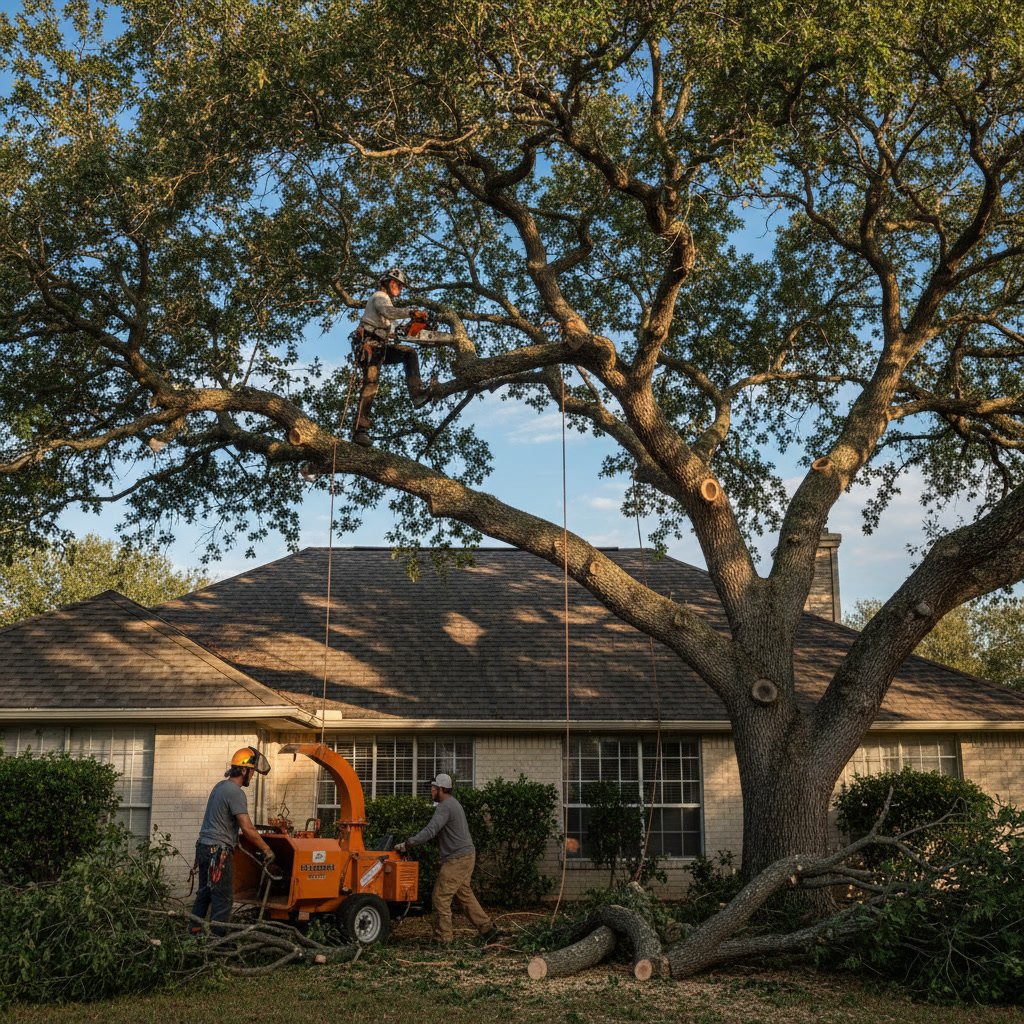 Professional tree trimming service protecting residential roof from overhanging branches