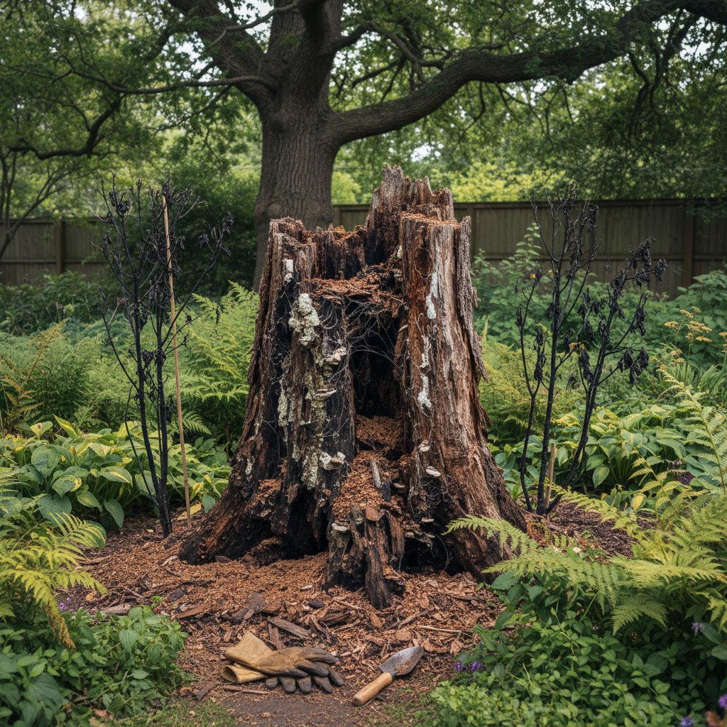 Professional arborist inspecting rotting tree stump for signs of decay