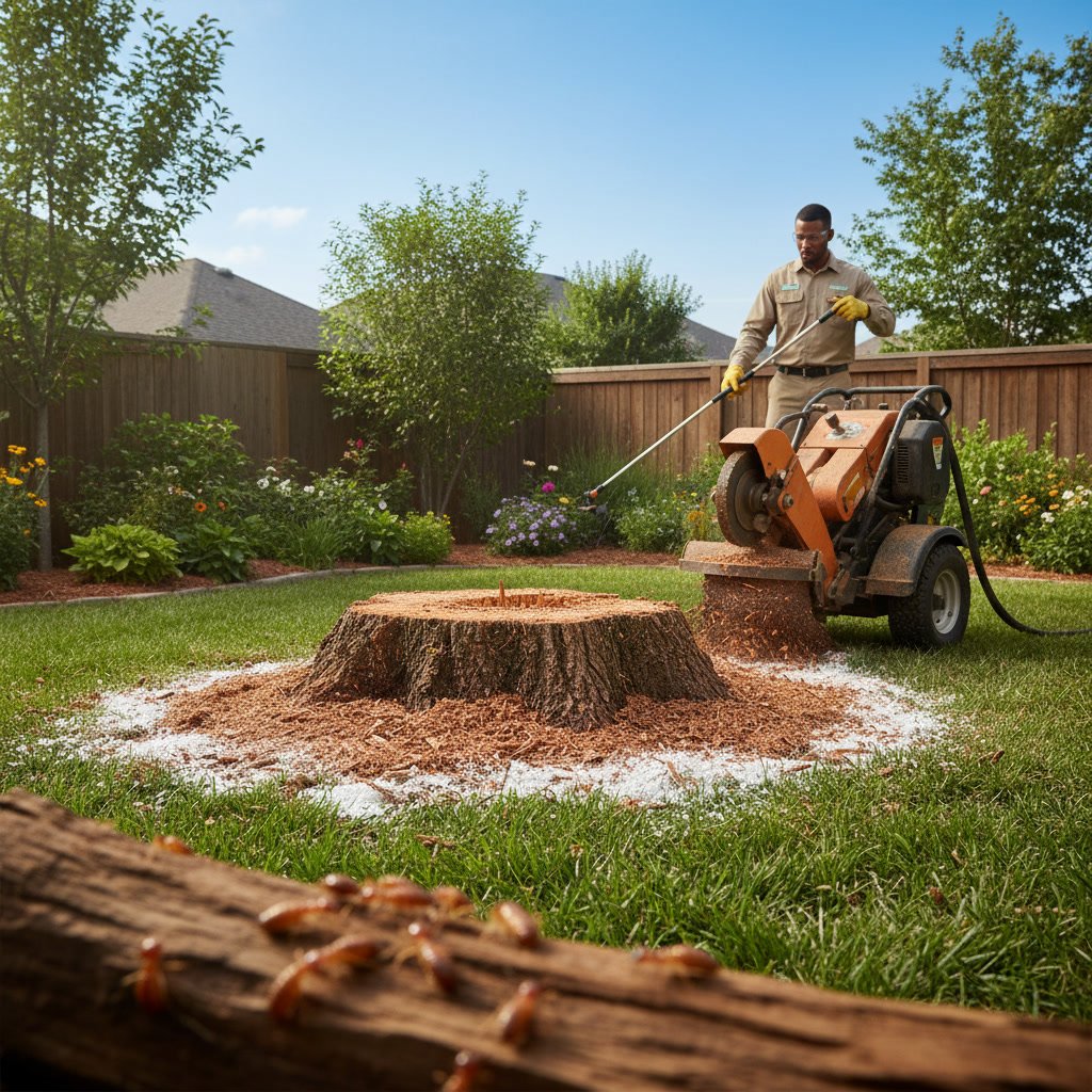 Tree stump in residential yard showing signs of decay and potential pest infestation