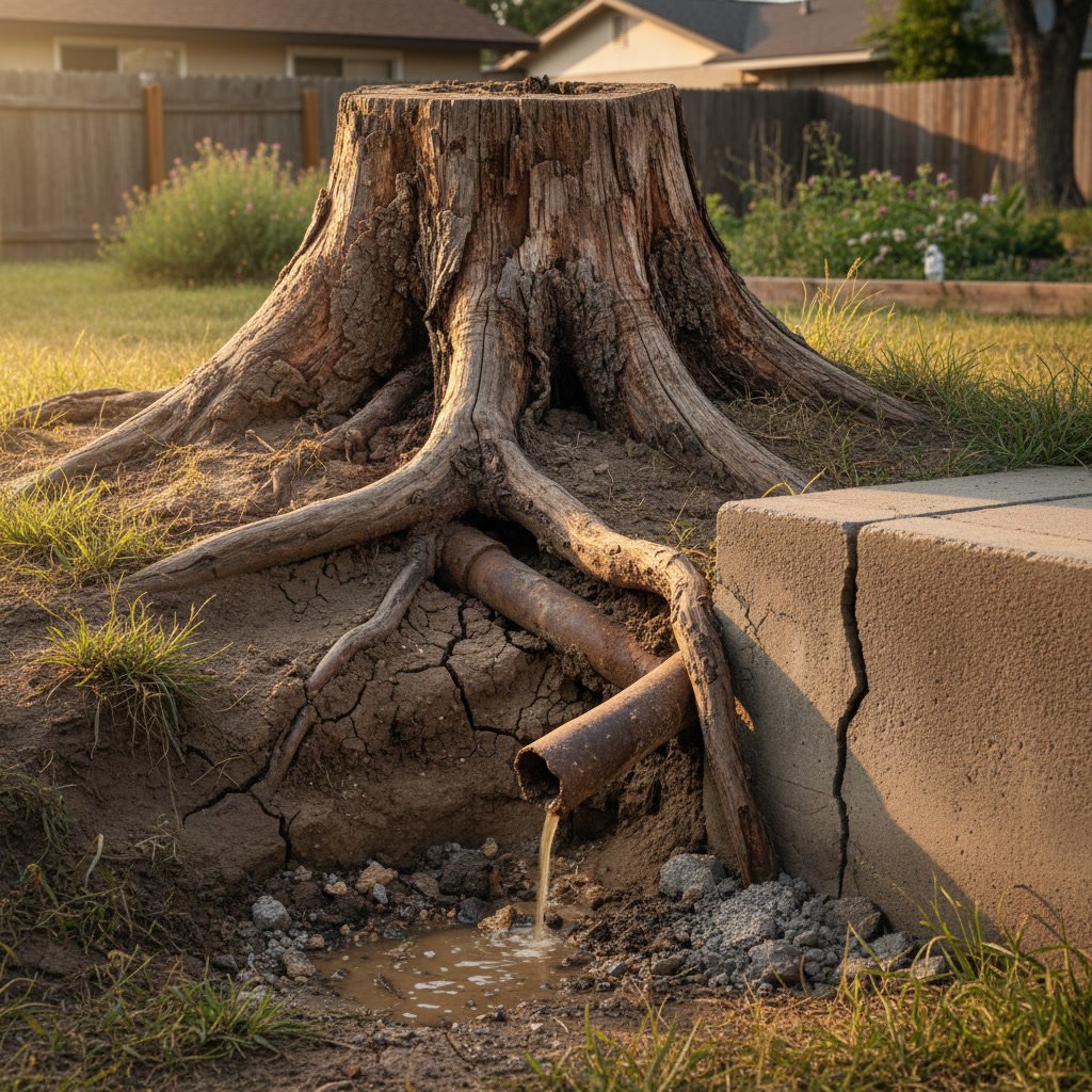 Tree stump with visible roots near residential home foundation