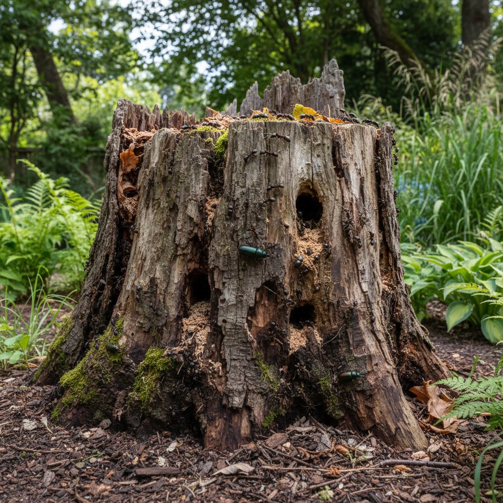 Tree stump with visible pest damage and carpenter ant activity in residential yard