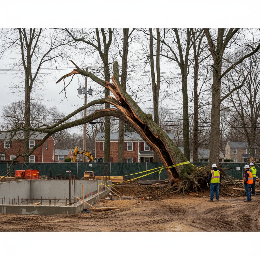 Land clearing equipment removing hazardous trees near construction zone for building code compliance