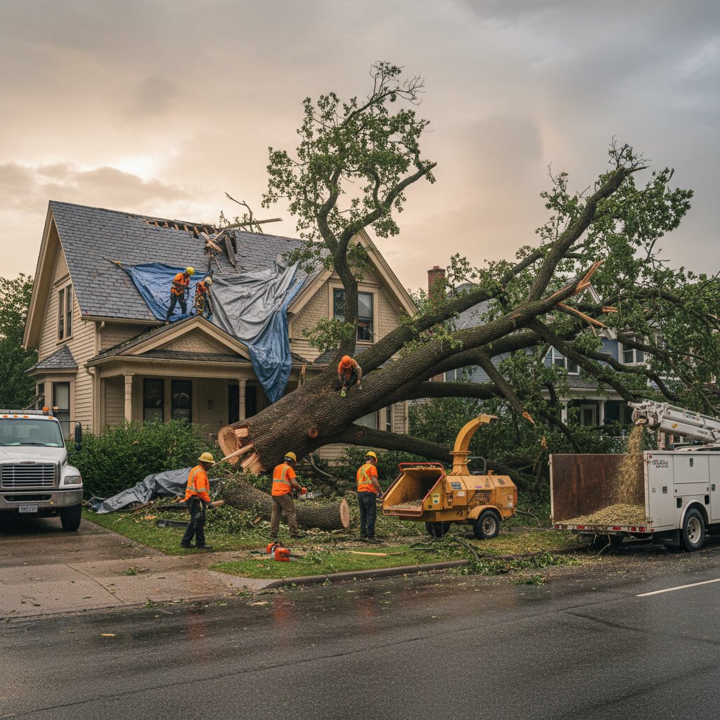 Professional crew performing storm damage cleanup removing fallen tree from residential property