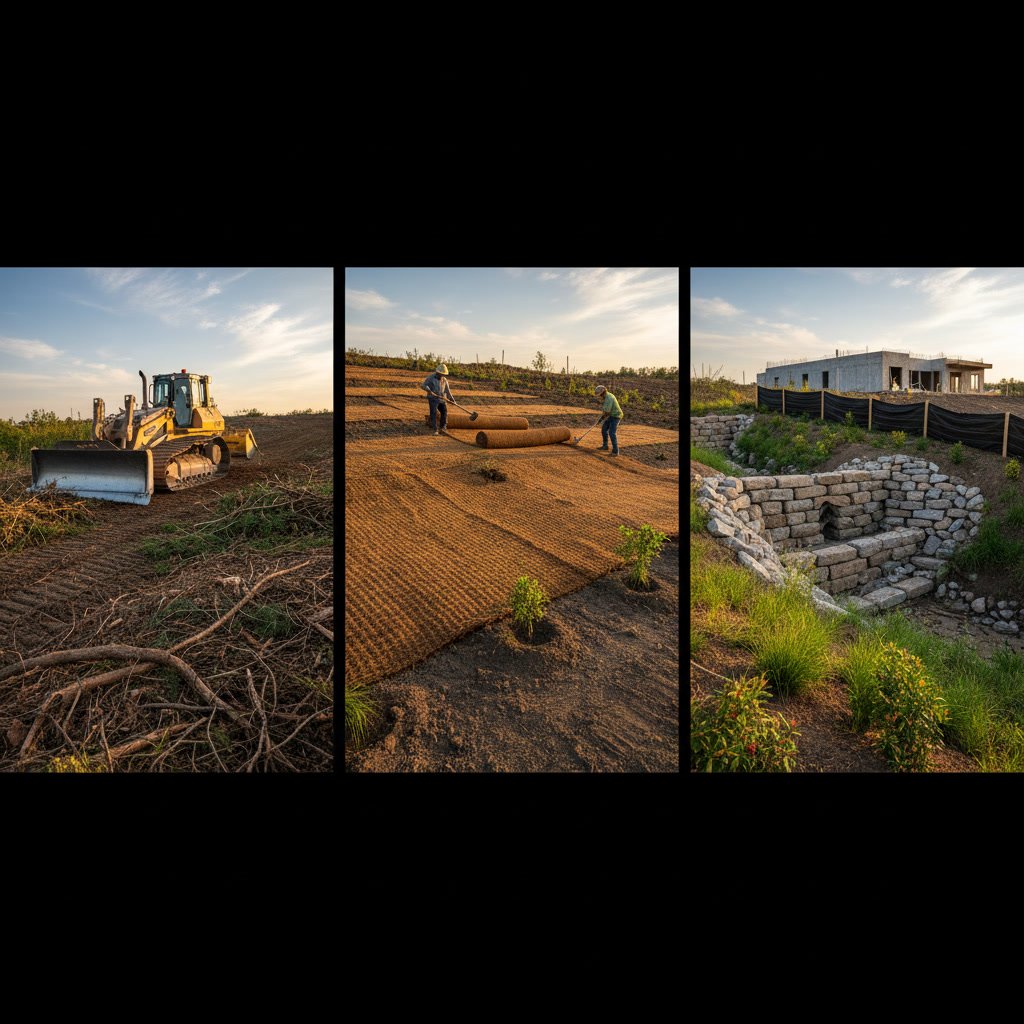 Cleared construction site showing proper grading and erosion control measures for soil stability