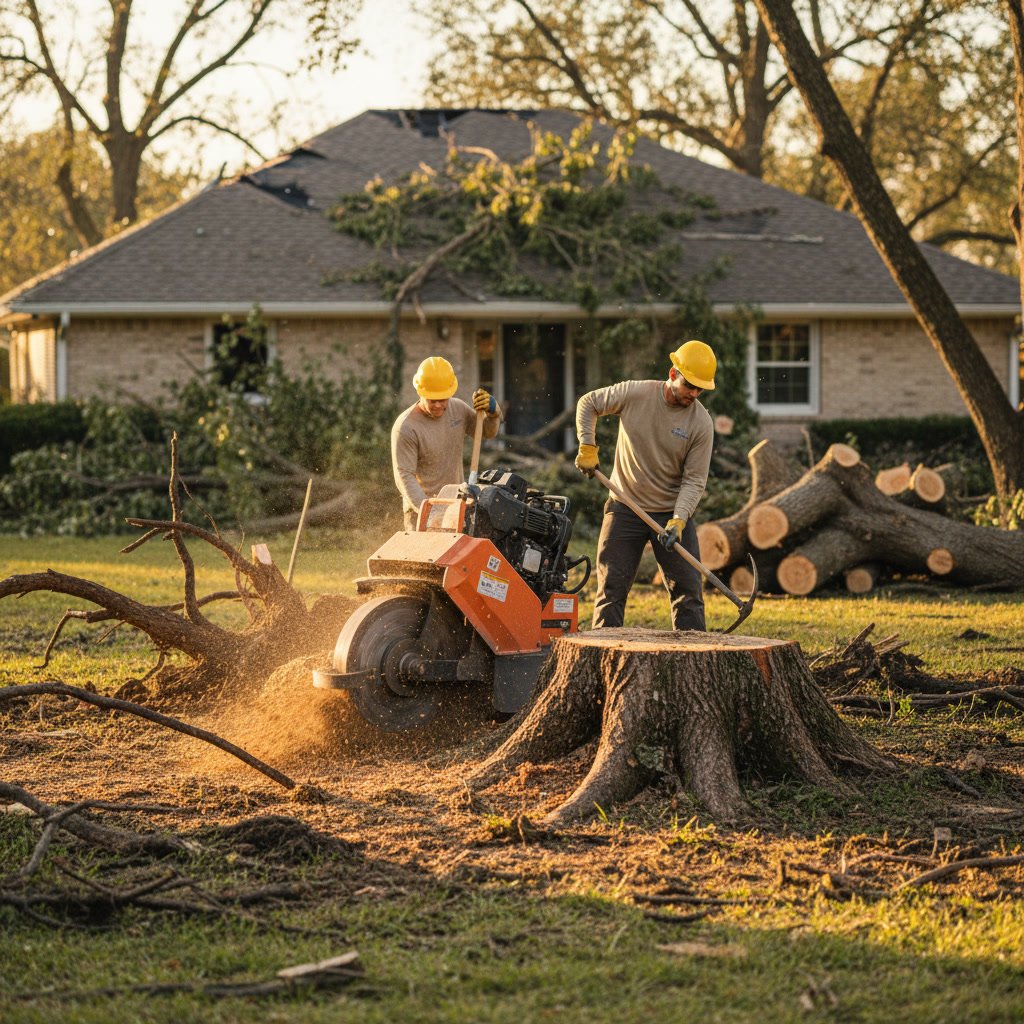 Stump grinder removing tree stump during storm damage cleanup process