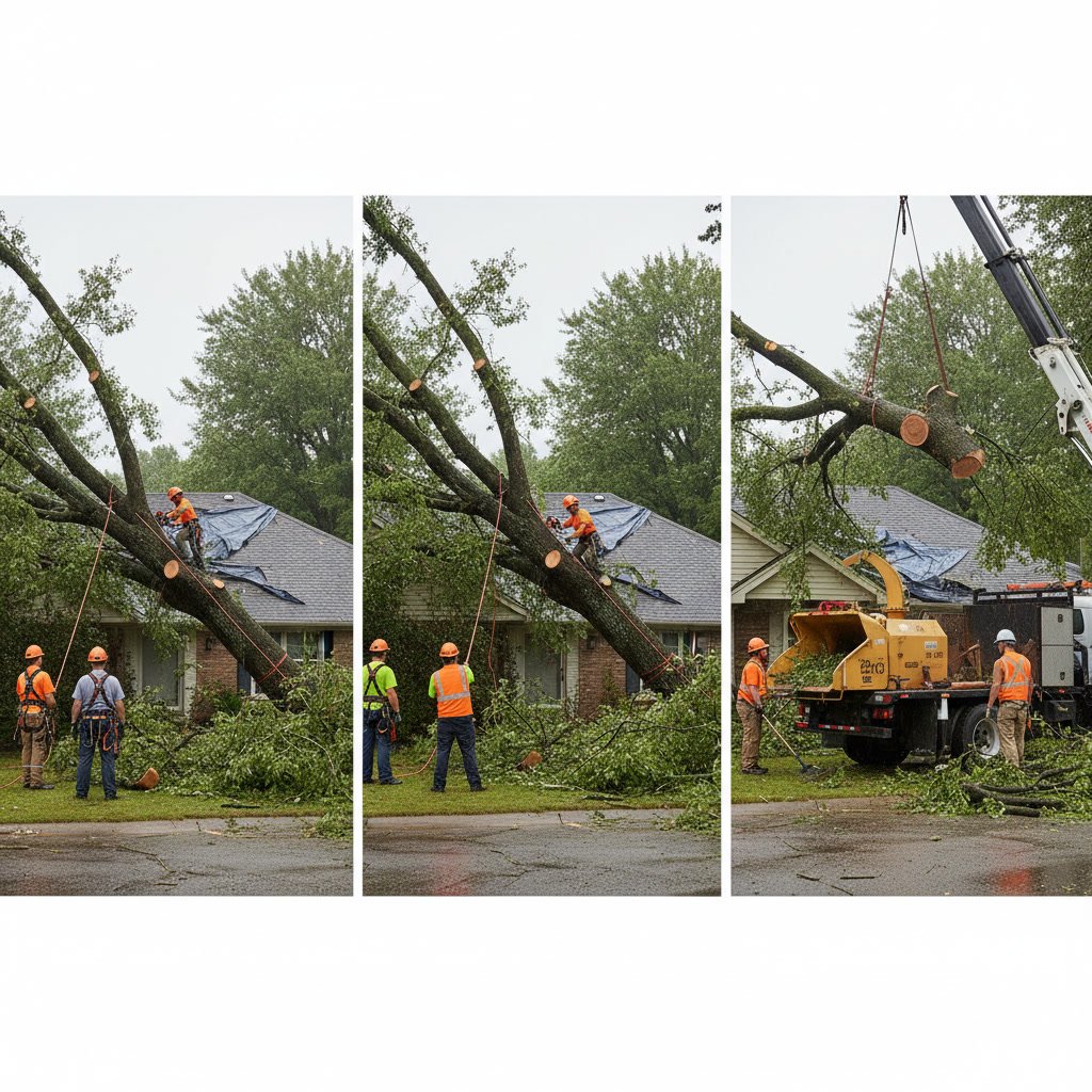 Professional arborist using chainsaw and rigging equipment during emergency tree removal