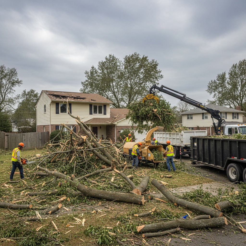 Tree service crew performing final cleanup after emergency tree removal