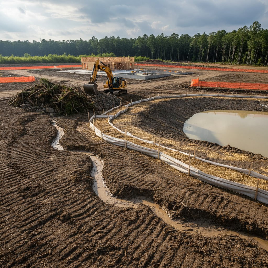 Construction site prepared through professional land clearing showing erosion control measures and stable soil