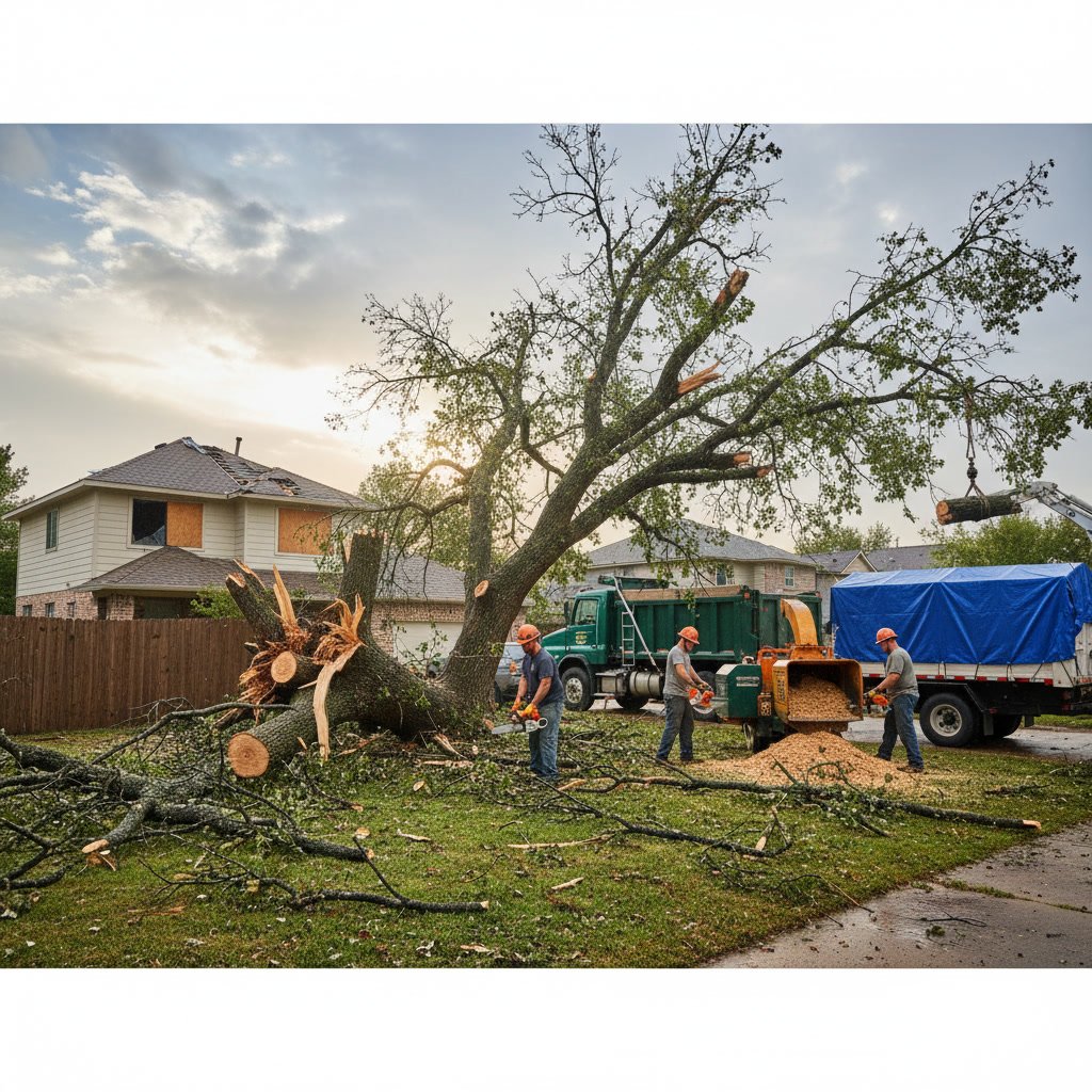 Storm damaged trees and debris scattered across residential yard requiring professional cleanup