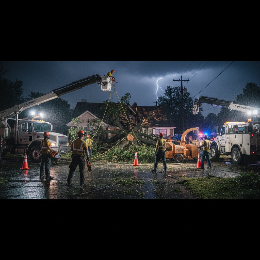 Emergency tree service crew responding to fallen tree blocking residential driveway